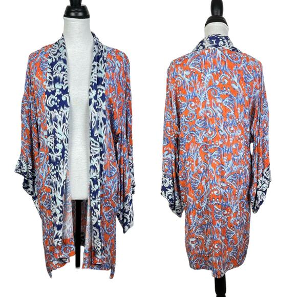 BCBGMaxazria | Tildie XS/S Blue Orange Ikat Print Oversized Open Kimono Cardigan - Picture 3 of 12